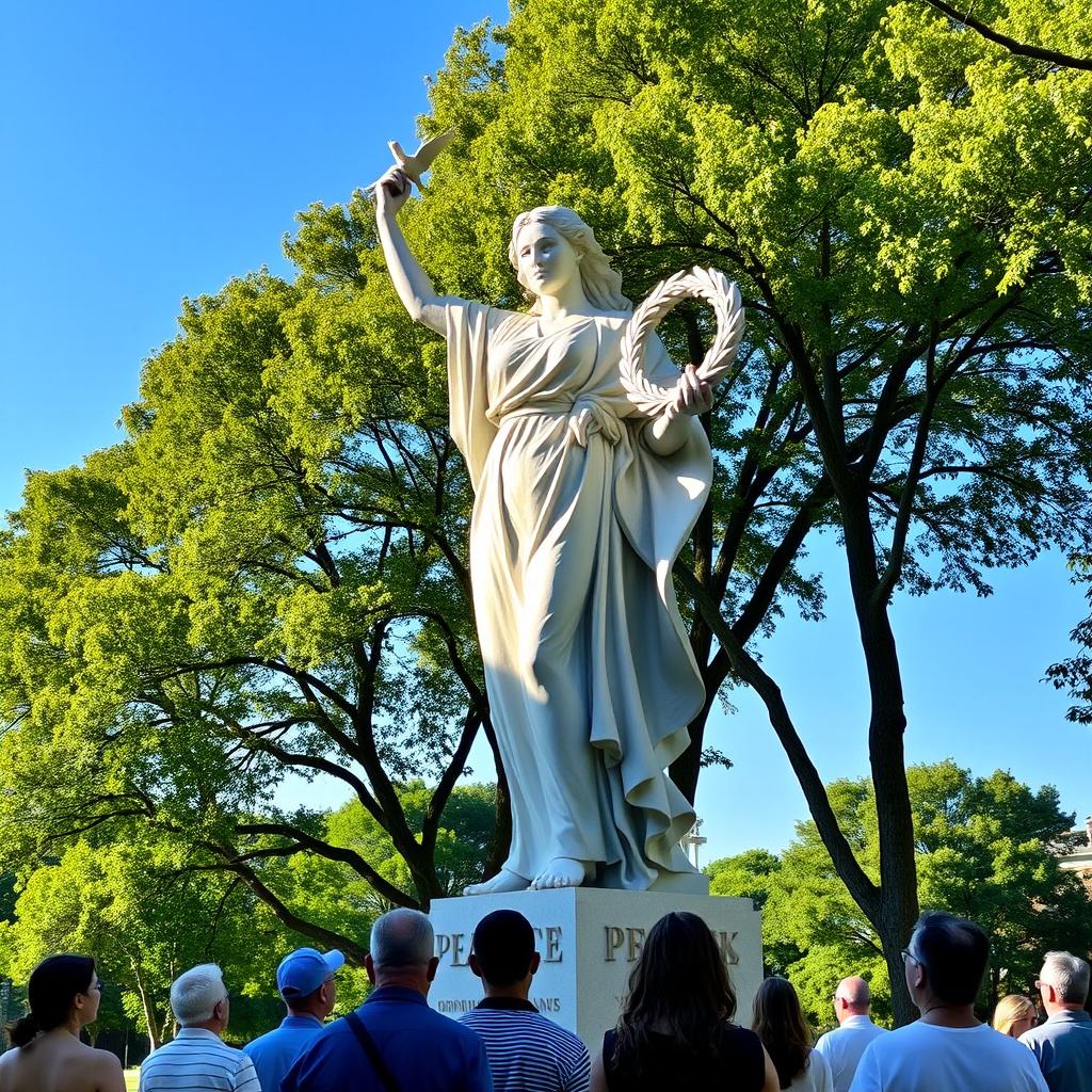 A majestic sculpture symbolizing peace and victory, set in a serene outdoor environment