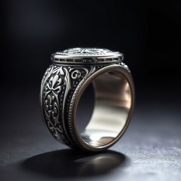 A close-up view of a very thick ring, featuring intricate engravings and a shiny metallic surface