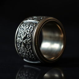 A close-up view of a very thick ring, featuring intricate engravings and a shiny metallic surface