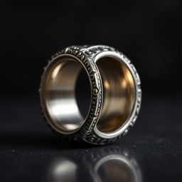 A close-up view of a very thick ring, featuring intricate engravings and a shiny metallic surface