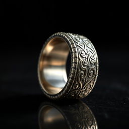 A close-up view of a very thick ring, featuring intricate engravings and a shiny metallic surface