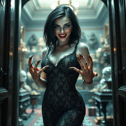 A stunning 19-year-old woman with an hourglass figure and pale skin stands in the doorway of a haunted mansion