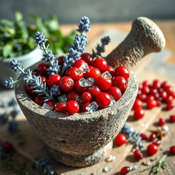A vibrant scene featuring a mortar filled with a striking contrast of red and frost blue ingredients