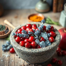 A vibrant scene featuring a mortar filled with a striking contrast of red and frost blue ingredients