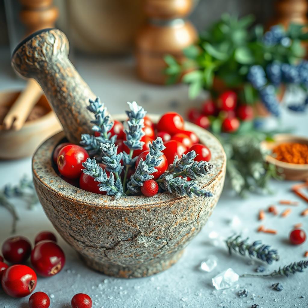 A vibrant scene featuring a mortar filled with a striking contrast of red and frost blue ingredients