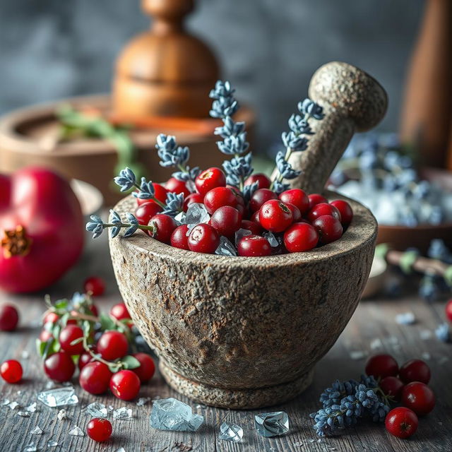 A vibrant scene featuring a mortar filled with a striking contrast of red and frost blue ingredients