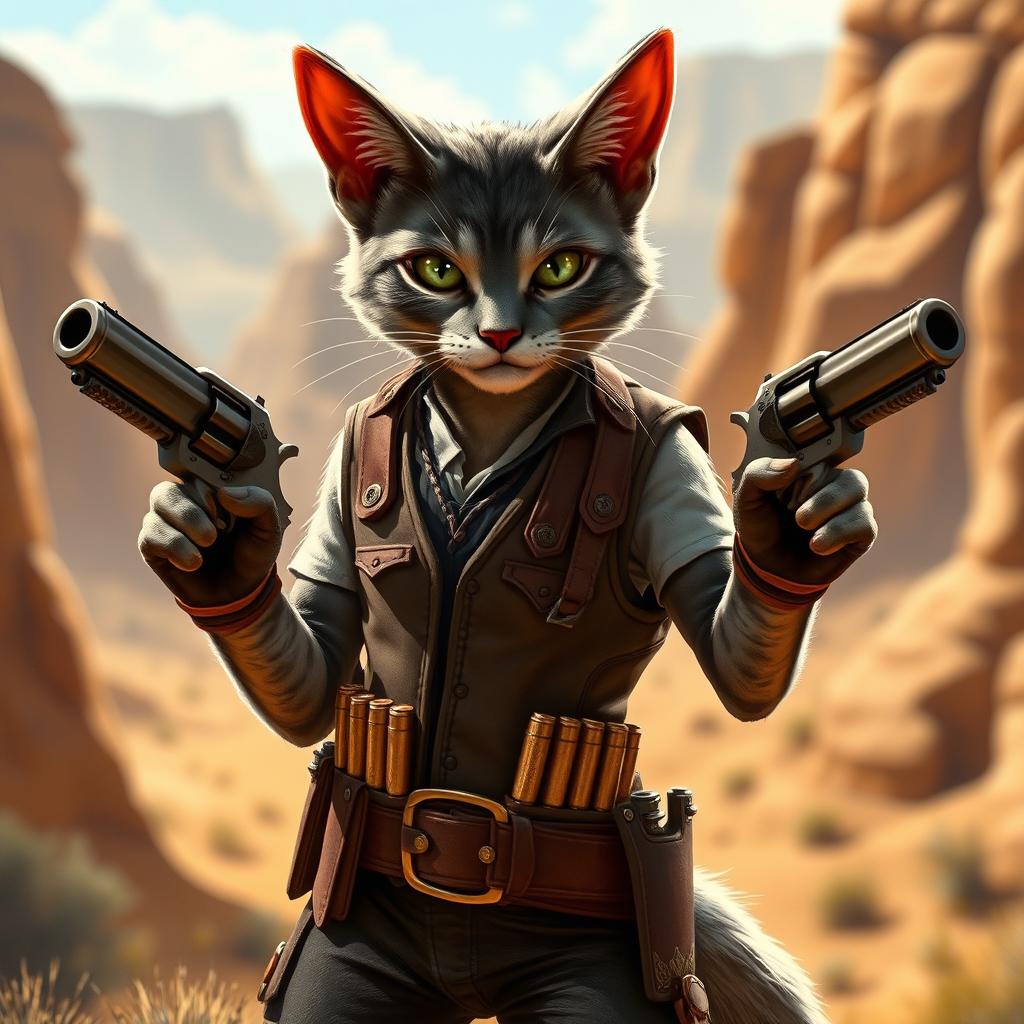 A Tabaxi gunslinger catfolk with sleek grey fur, standing confidently with a pair of ornate revolvers holstered at their sides