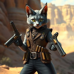 A Tabaxi gunslinger catfolk with sleek grey fur, standing confidently with a pair of ornate revolvers holstered at their sides