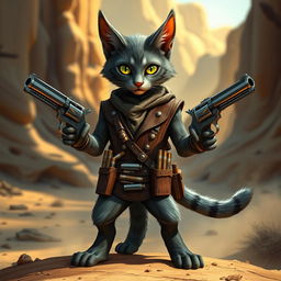 A Tabaxi gunslinger catfolk with sleek grey fur, standing confidently with a pair of ornate revolvers holstered at their sides