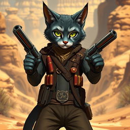 A Tabaxi gunslinger catfolk with sleek grey fur, standing confidently with a pair of ornate revolvers holstered at their sides