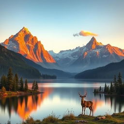 A majestic mountain landscape at sunrise, with vibrant colors illuminating the peaks