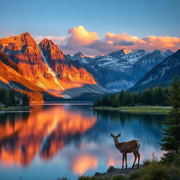 A majestic mountain landscape at sunrise, with vibrant colors illuminating the peaks