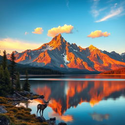 A majestic mountain landscape at sunrise, with vibrant colors illuminating the peaks