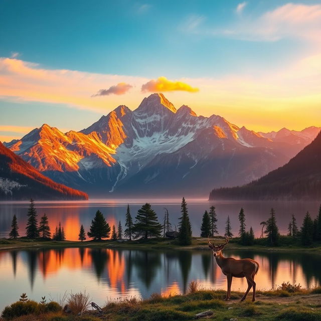 A majestic mountain landscape at sunrise, with vibrant colors illuminating the peaks