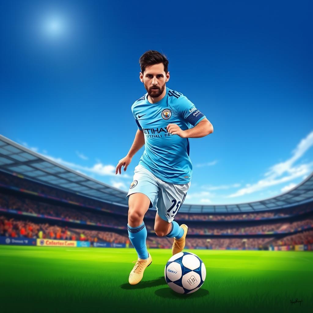 A stunning digital illustration of Lionel Messi, renowned soccer player, wearing the Manchester City football kit