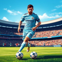 A stunning digital illustration of Lionel Messi, renowned soccer player, wearing the Manchester City football kit