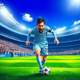A stunning digital illustration of Lionel Messi, renowned soccer player, wearing the Manchester City football kit