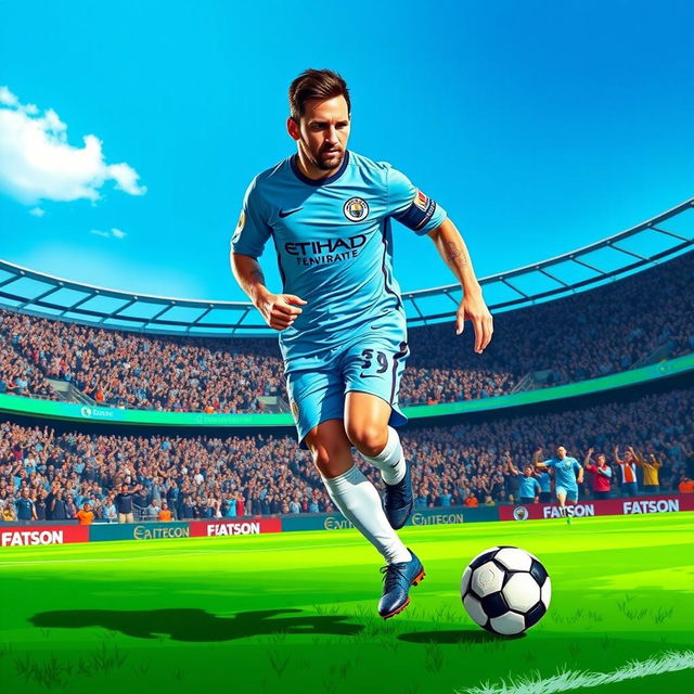 A stunning digital illustration of Lionel Messi, renowned soccer player, wearing the Manchester City football kit