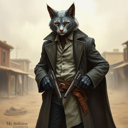 A tabaxi gunslinger, a catfolk character with sleek grey fur, confidently stands with a pair of intricately designed revolvers at his hips