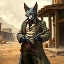 A tabaxi gunslinger, a catfolk character with sleek grey fur, confidently stands with a pair of intricately designed revolvers at his hips