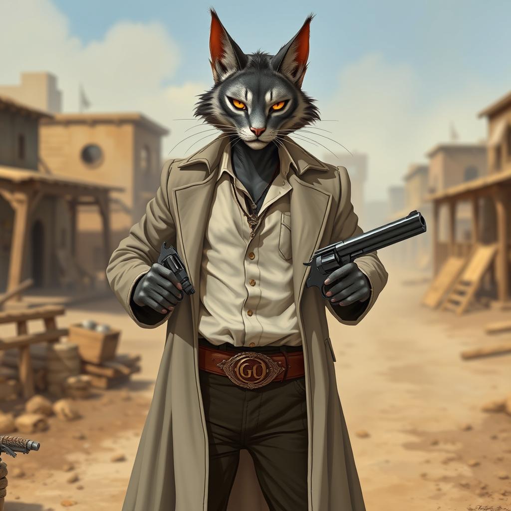 A tabaxi gunslinger, a catfolk character with sleek grey fur, confidently stands with a pair of intricately designed revolvers at his hips