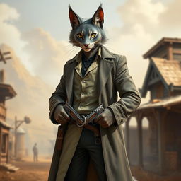 A tabaxi gunslinger, a catfolk character with sleek grey fur, confidently stands with a pair of intricately designed revolvers at his hips