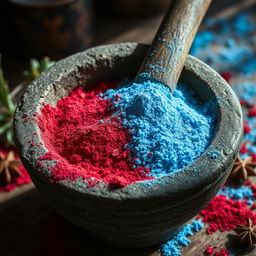 A close-up image of a rustic mortar filled with vibrant red and frost blue dust