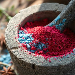 A close-up image of a rustic mortar filled with vibrant red and frost blue dust