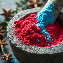 A close-up image of a rustic mortar filled with vibrant red and frost blue dust