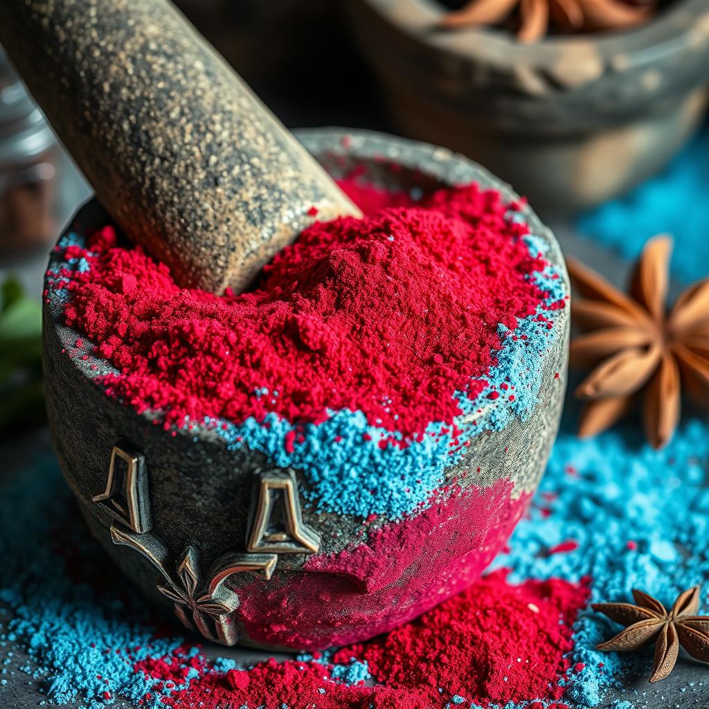 A close-up image of a rustic mortar filled with vibrant red and frost blue dust