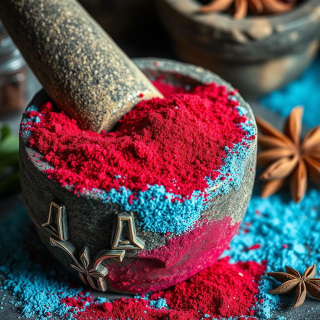 A close-up image of a rustic mortar filled with vibrant red and frost blue dust