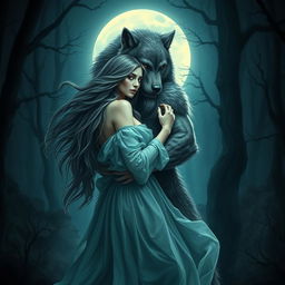 A mystical scene depicting a woman embracing a werewolf under a full moon, surrounded by a dark, enchanted forest