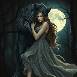 A mystical scene depicting a woman embracing a werewolf under a full moon, surrounded by a dark, enchanted forest
