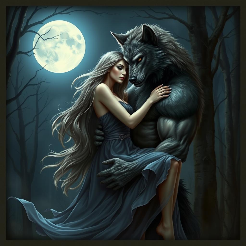 A mystical scene depicting a woman embracing a werewolf under a full moon, surrounded by a dark, enchanted forest