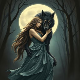 A mystical scene depicting a woman embracing a werewolf under a full moon, surrounded by a dark, enchanted forest