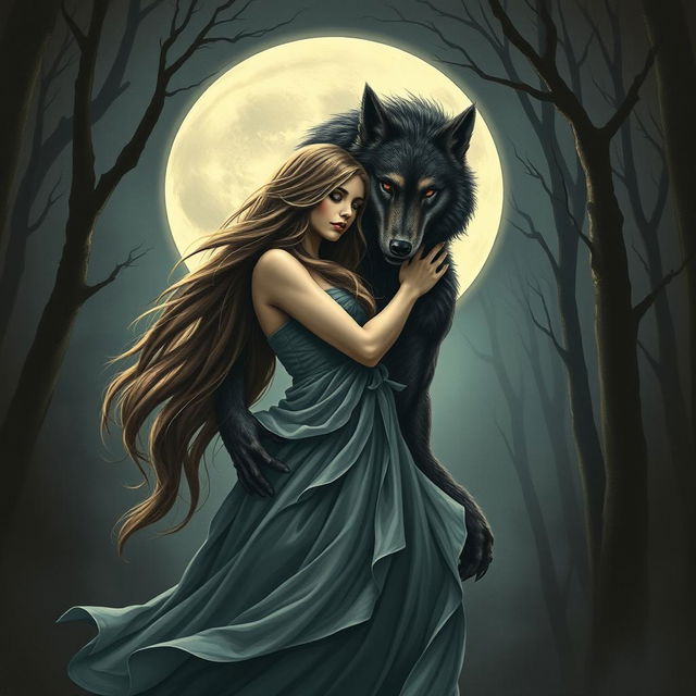 A mystical scene depicting a woman embracing a werewolf under a full moon, surrounded by a dark, enchanted forest