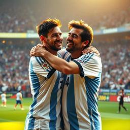 A heartwarming scene depicting the legendary Argentine footballers Lionel Messi and Diego Maradona embracing each other in a moment of camaraderie and mutual respect