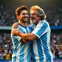 A heartwarming scene depicting the legendary Argentine footballers Lionel Messi and Diego Maradona embracing each other in a moment of camaraderie and mutual respect