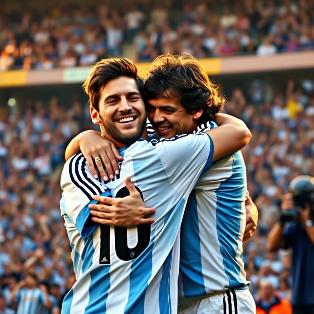 A heartwarming scene depicting the legendary Argentine footballers Lionel Messi and Diego Maradona embracing each other in a moment of camaraderie and mutual respect