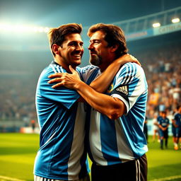 A heartwarming scene depicting the legendary Argentine footballers Lionel Messi and Diego Maradona embracing each other in a moment of camaraderie and mutual respect