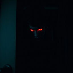 A scary boy standing behind a partially open door, illuminated by an eerie light
