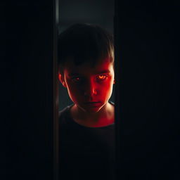 A scary boy standing behind a partially open door, illuminated by an eerie light