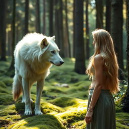 A beautiful blonde woman standing in a serene forest, with sunlight filtering through the trees