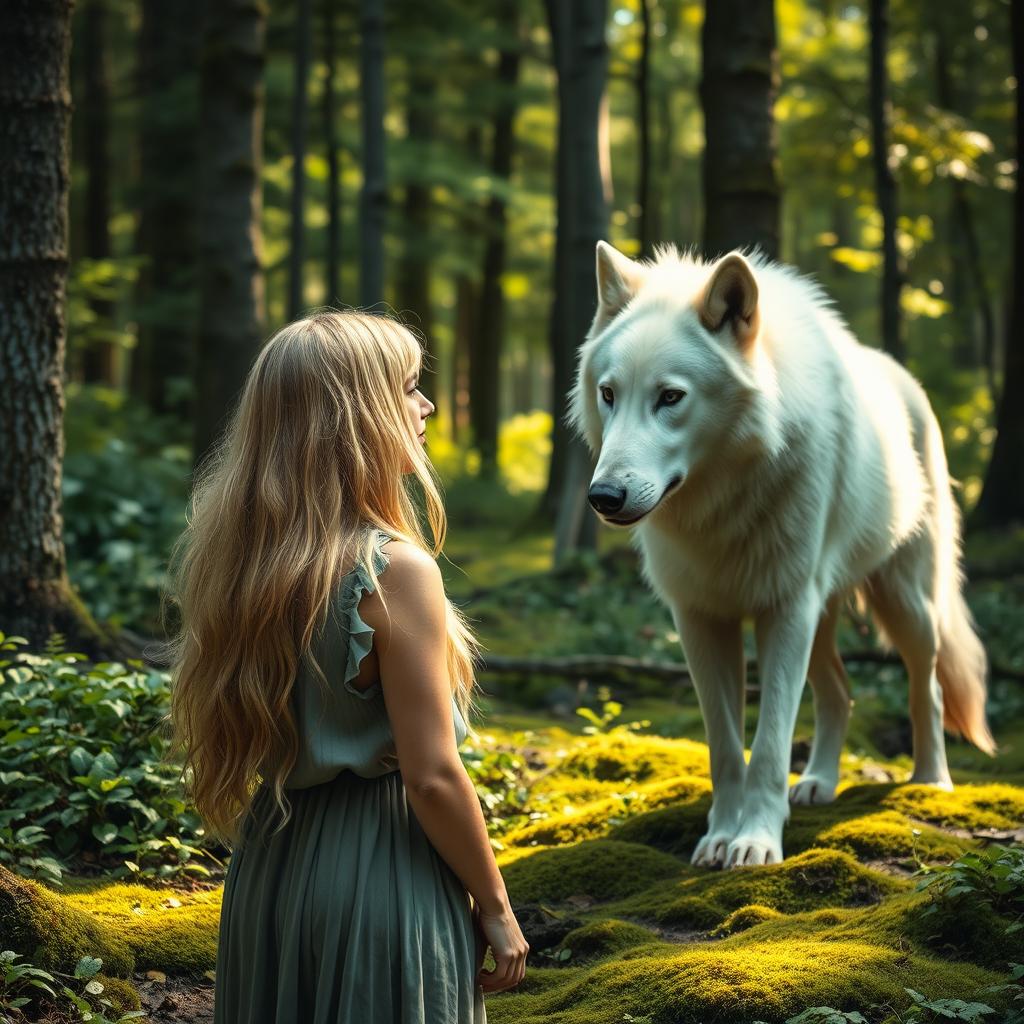 A beautiful blonde woman standing in a serene forest, with sunlight filtering through the trees