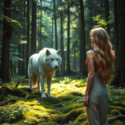 A beautiful blonde woman standing in a serene forest, with sunlight filtering through the trees