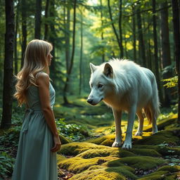 A beautiful blonde woman standing in a serene forest, with sunlight filtering through the trees