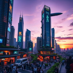 A futuristic cityscape at twilight, with towering skyscrapers adorned with neon lights and holographic advertisements