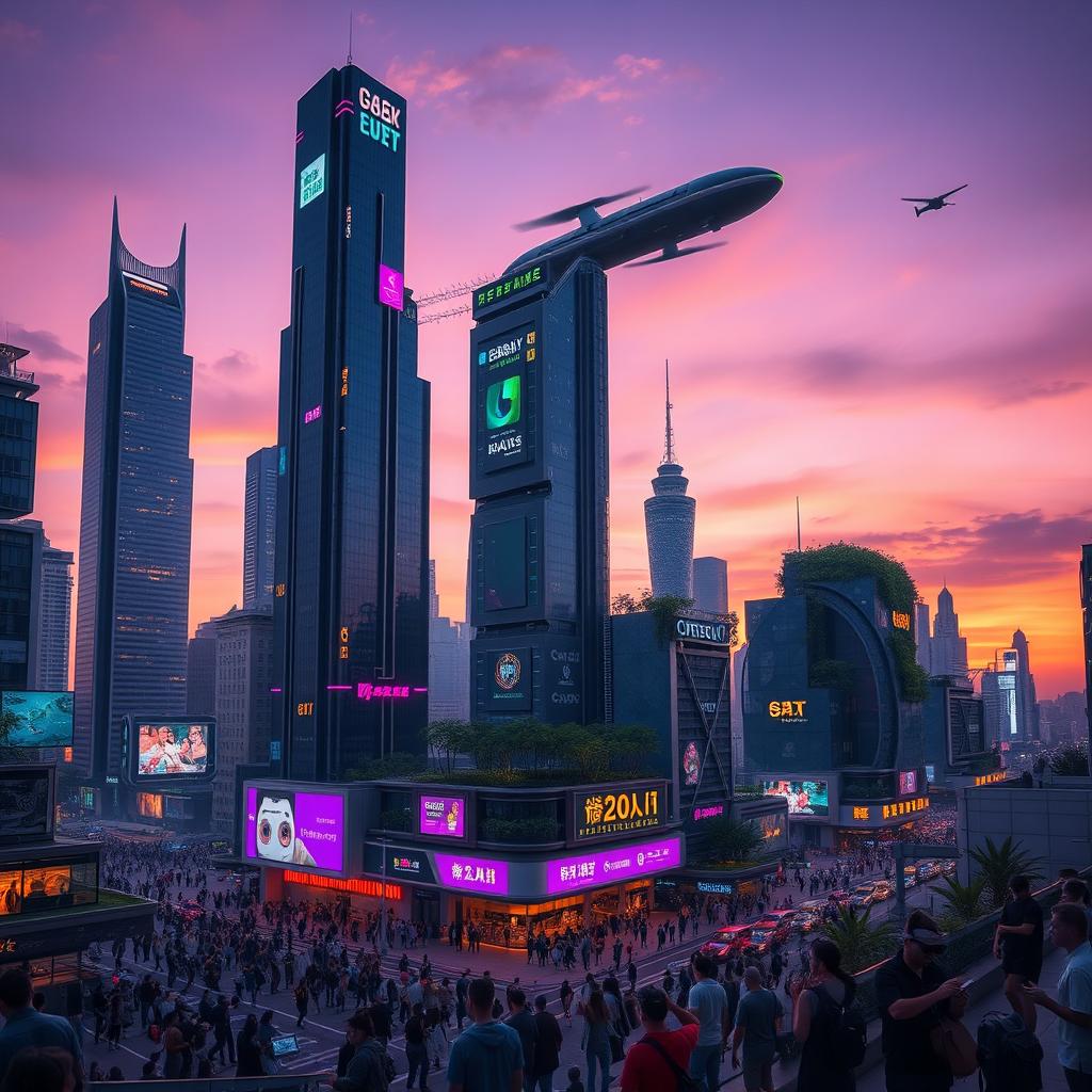 A futuristic cityscape at twilight, with towering skyscrapers adorned with neon lights and holographic advertisements