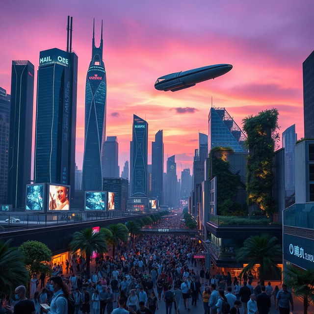 A futuristic cityscape at twilight, with towering skyscrapers adorned with neon lights and holographic advertisements