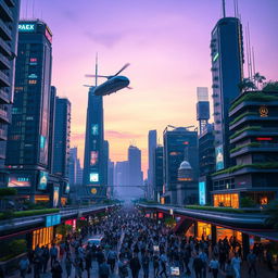A futuristic cityscape at twilight, with towering skyscrapers adorned with neon lights and holographic advertisements